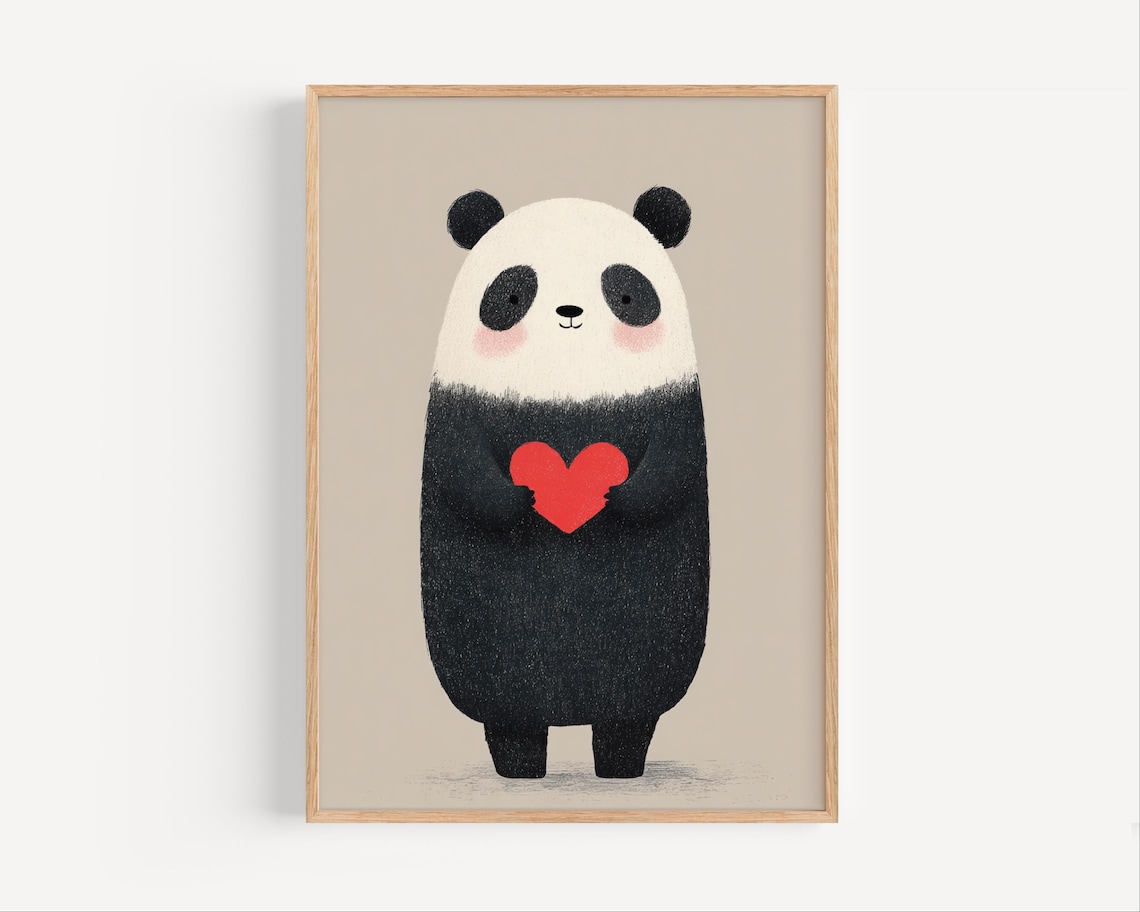 Cute Panda Holding Red Heart Poster Sweet Nursery Baby Room Decor Art