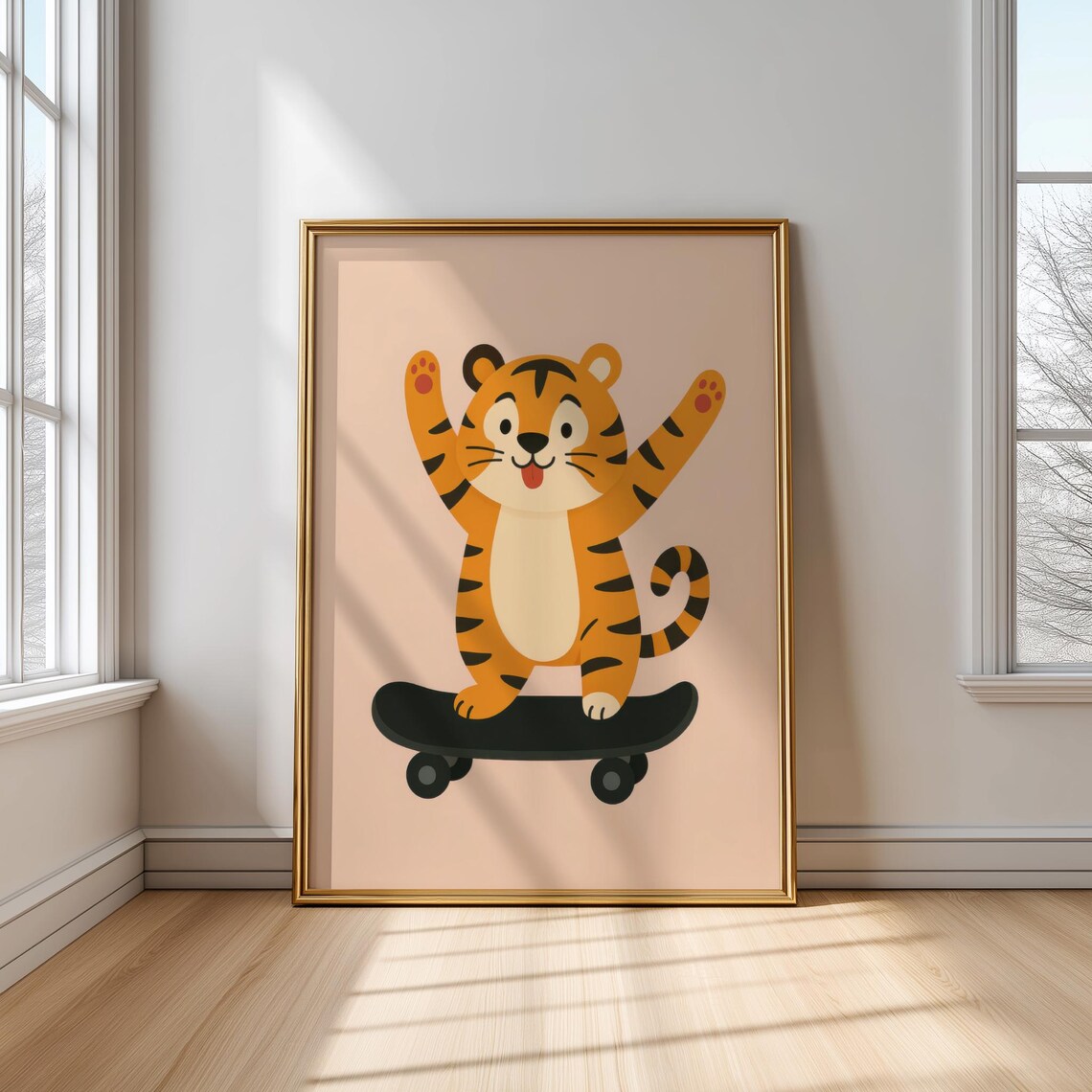 Vibrant Tiger Skateboarding Poster Playful Illustration For Kids Room Nursery Wall Decor