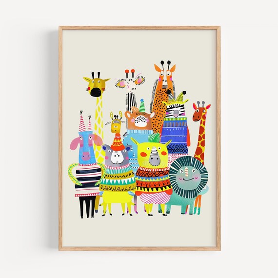 Colorful Jungle Animals Party Poster for Kids Nursery Safari Decor