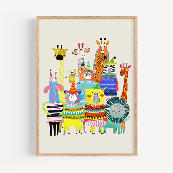Funny Jungle Animal Group Art Print Colorful Nursery Wall Decor For Kids Room Safari Zoo Poster Boys And Girls