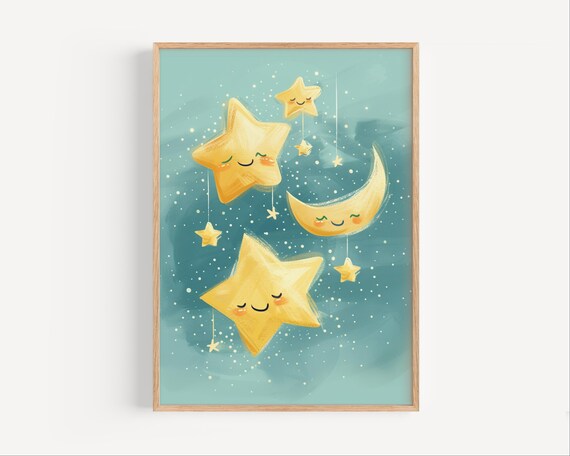 Smiling Stars And Crescent Moon Teal Baby Mobile Night Sky Nursery Poster
