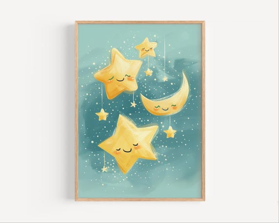 Stars And Moon Nursery Poster Cute Night Sky Mobile Wall Art Decor For Baby Or Kids Room