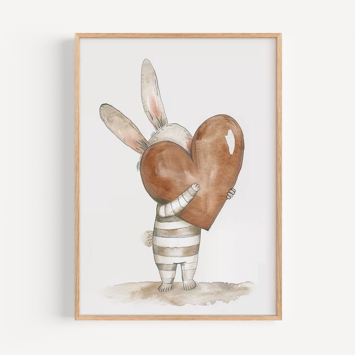 Cute Bunny Hugging a Giant Brown Heart Nursery Kids Decor Poster
