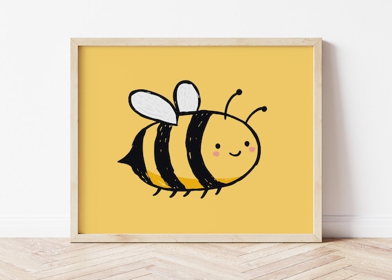 Smiling Bumblebee on Mustard Yellow Background Nursery Art Poster