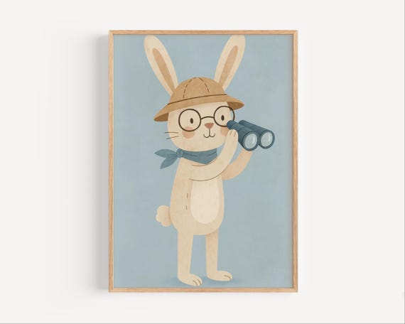 Bunny Explorer Wall Art Cute Rabbit Safari Poster Animal Nursery Print With Binoculars Decor