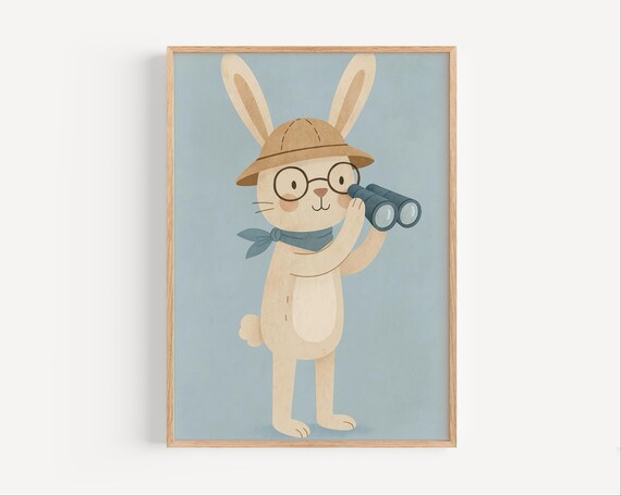 Bunny Explorer With Safari Hat Binoculars and Glasses Cute Nursery Poster