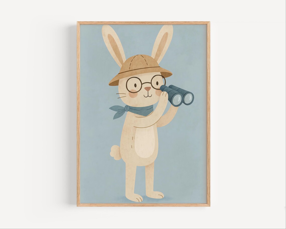 Bunny Explorer Wall Art Cute Rabbit Safari Poster Animal Nursery Print With Binoculars Decor