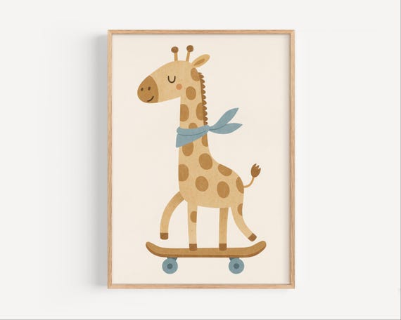 Skateboarding Giraffe Art Nursery Print Jungle Animal Wall Cute Safari Decor Kids Room