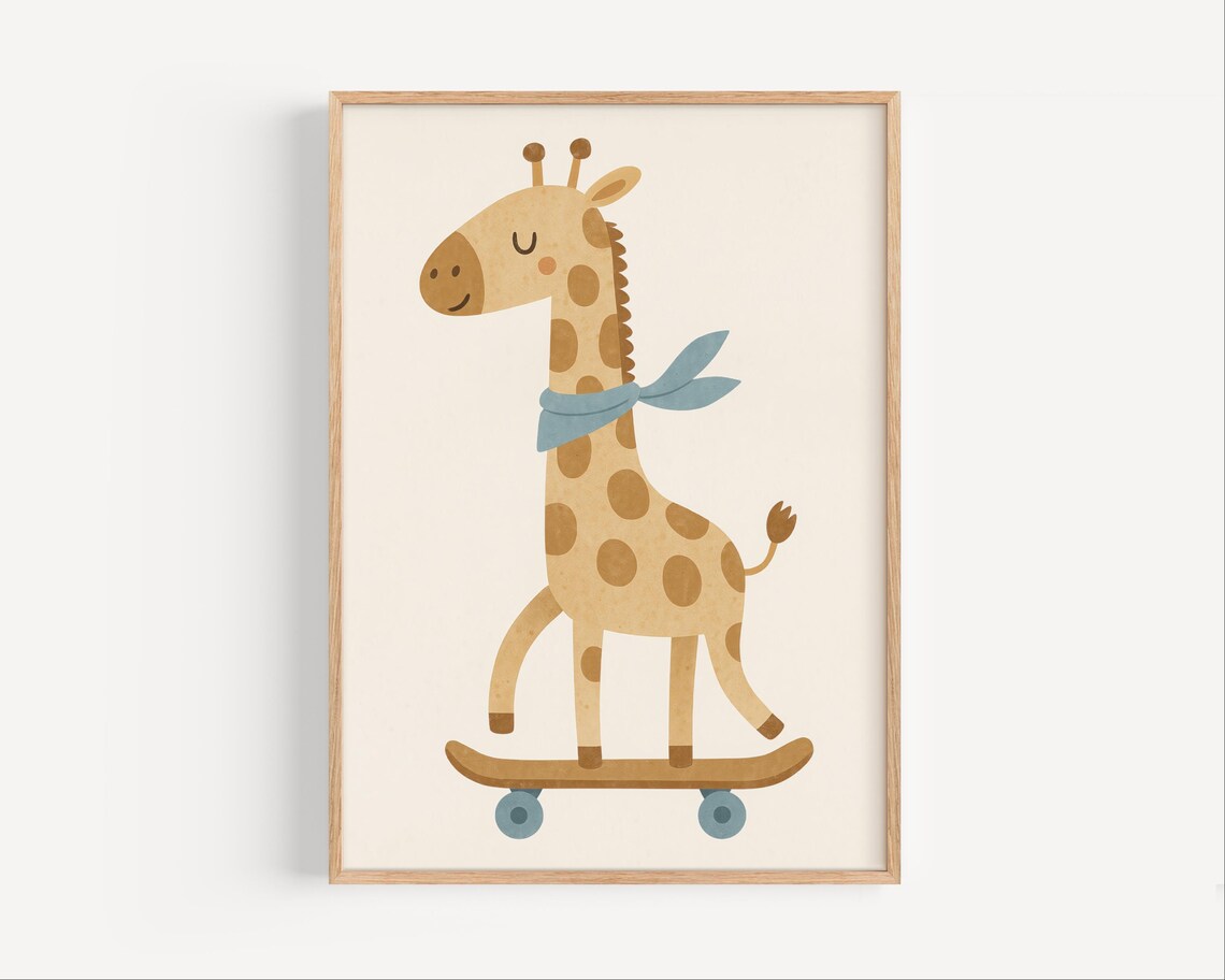 Skateboarding Giraffe With Blue Scarf Cute Nursery Animal Poster
