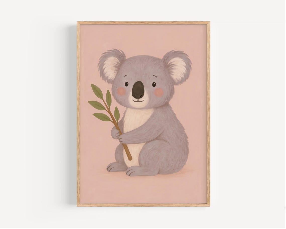 Cute Koala Poster Holding Eucalyptus Branch Pink Nursery Baby Art