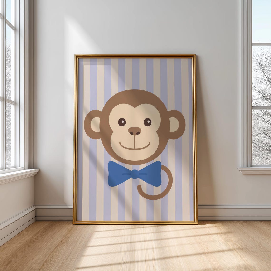 Cute Smiling Monkey With Blue Bow Tie Striped Nursery Poster