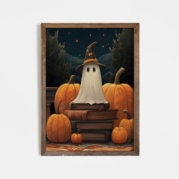 Halloween Art Print Cute Witch Hat With Pumpkins And Books Spooky Autumn Wall Decor Magical Night