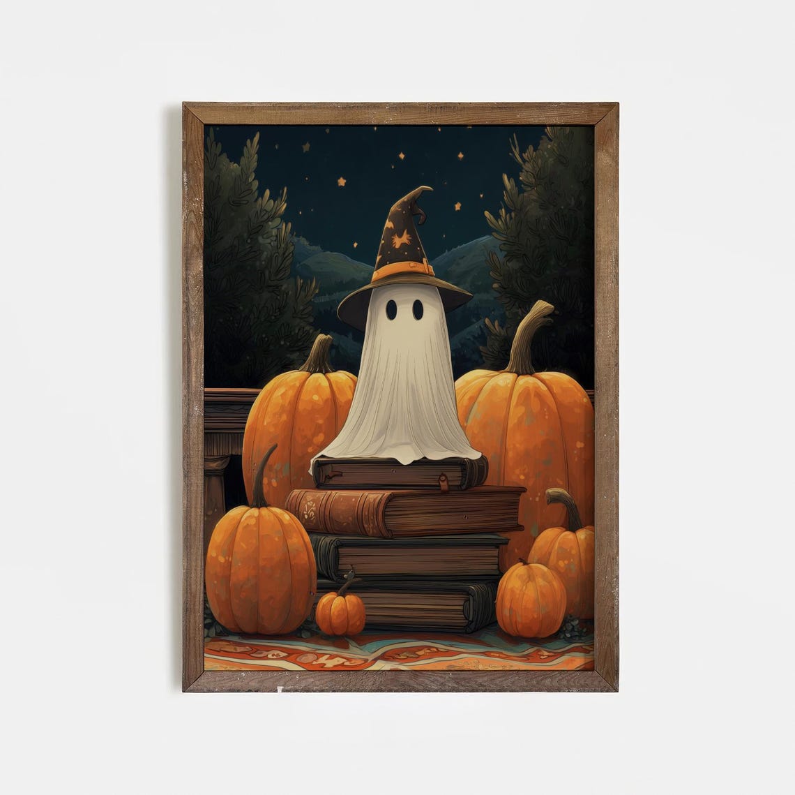 Halloween Art Print Cute Witch Hat With Pumpkins And Books Spooky Autumn Wall Decor Magical Night