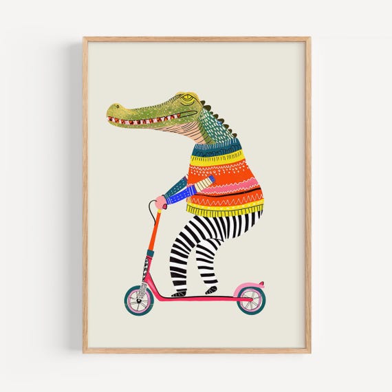 Crocodile On Scooter Art Print Whimsical Jungle Animal Wall For Kids Room Or Nursery Funny Poster Boys