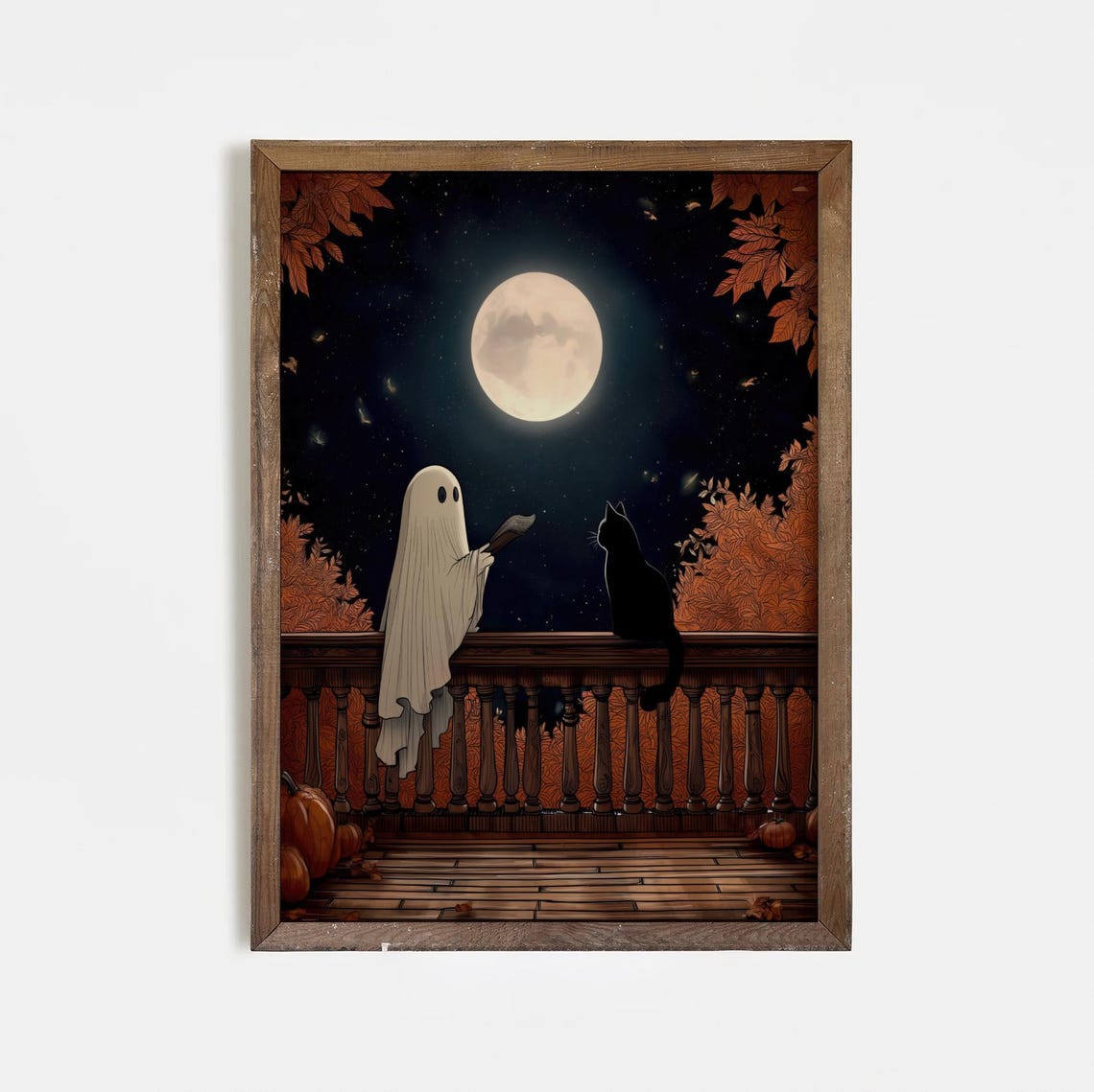 Ghost Reading Book With Black Cat Under Full Moon Halloween Poster