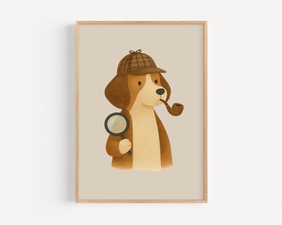 Detective Dog Wall Art Sherlock Holmes Inspired Puppy Illustration For Kids Room Cute Decor