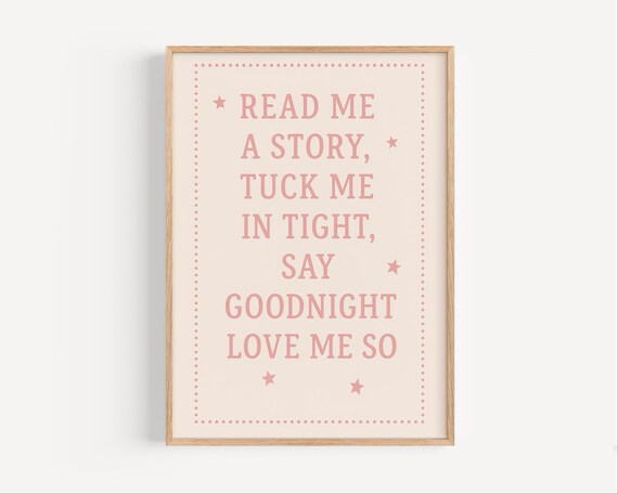Bedtime Nursery Quote Print Read Me A Story Art Kids Room Baby Wall Decor Goodnight Pink