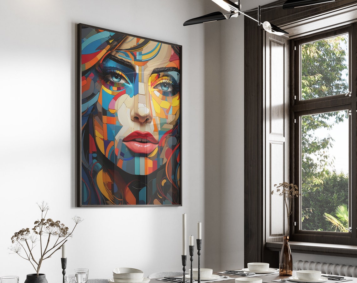 Vibrant Cubist Mosaic Woman Face with Red Lips Closeup Poster - Image 6