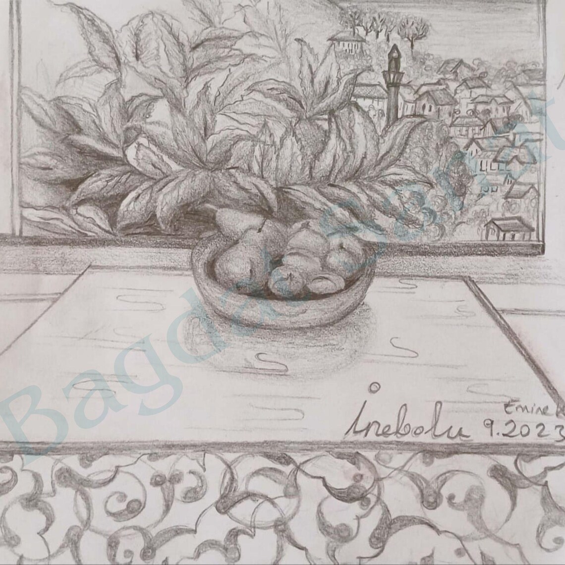 Inebolu Turkiye Charcoal Sketch Of Fruit Bowl Town View Poster - Image 2