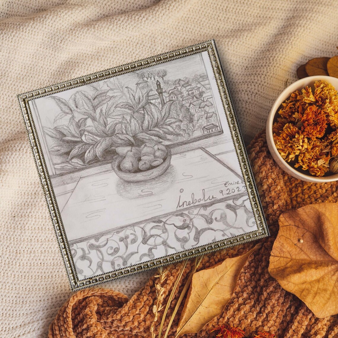 Inebolu Turkiye Charcoal Sketch Of Fruit Bowl Town View Poster - Image 4