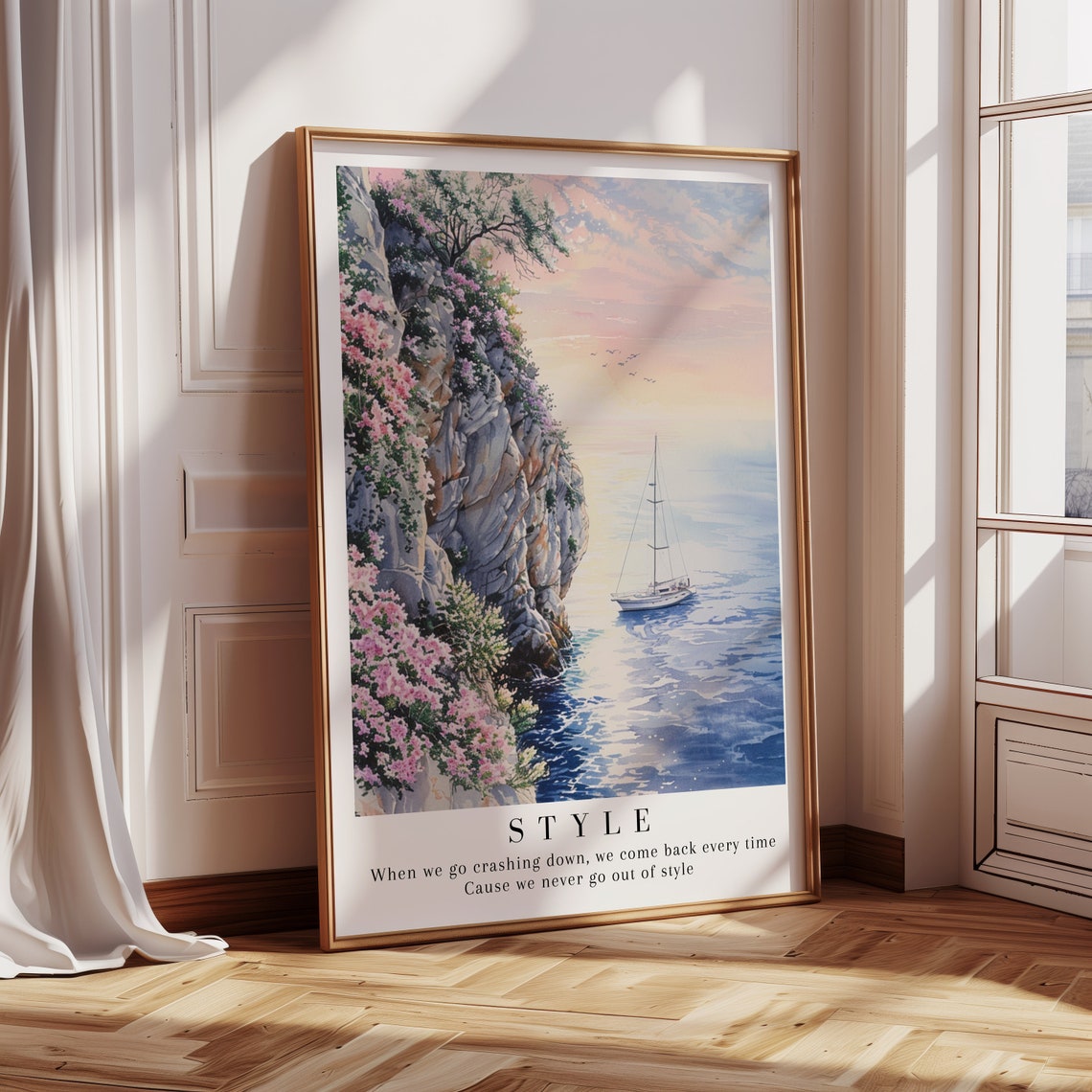 Taylor Swift Style Sailboat Sunset Cliff Watercolor Lyric Poster