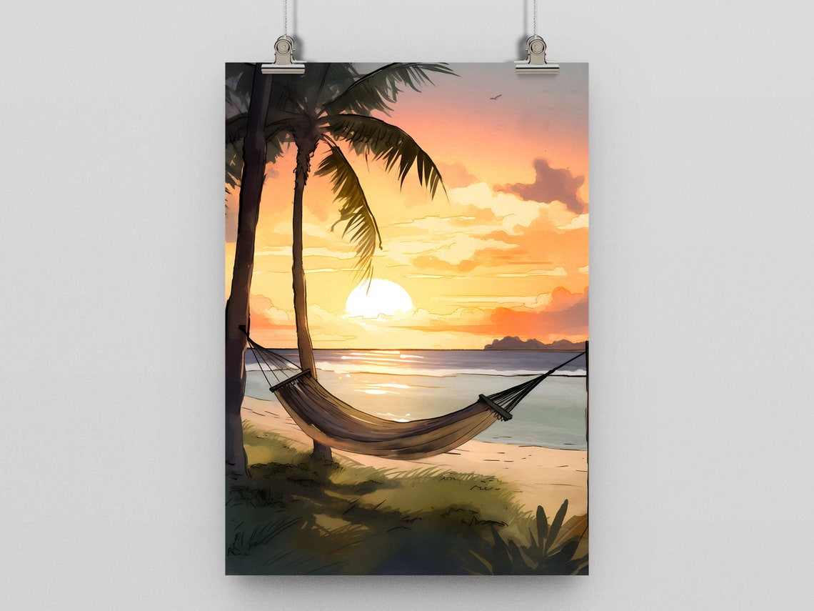Tropical Beach Sunset Hammock Wall Art Palm Paradise Beach Decor