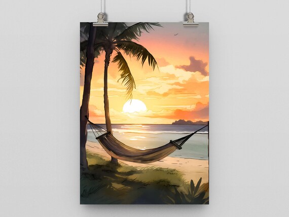 Tropical Beach Sunset Hammock Wall Art Palm Paradise Beach Decor