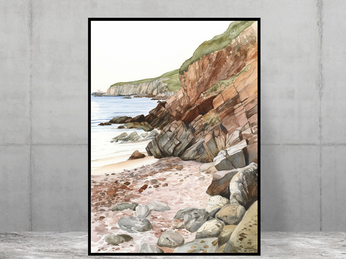 Hidden Cove Watercolour Seascape Rocky Cliffs Coastal Art Print