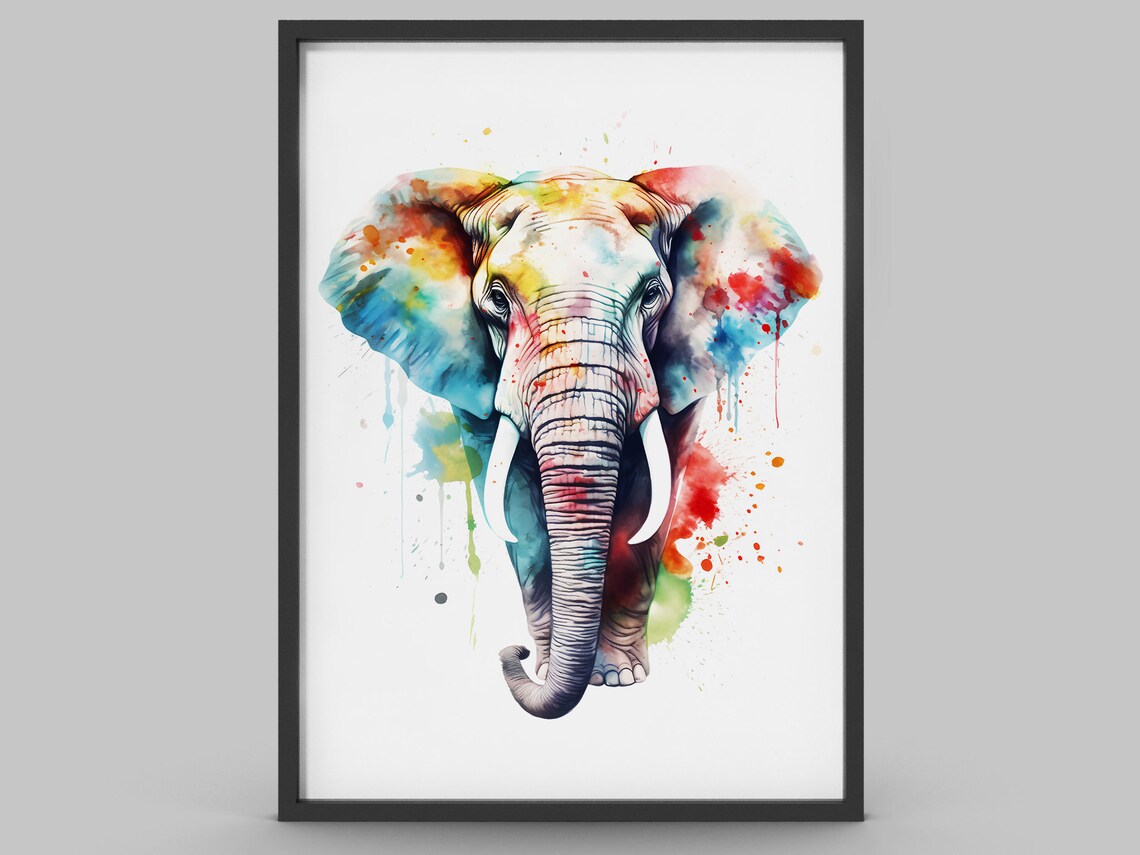 Elephant Watercolor Paint Splatter Rainbow Animal Art Poster