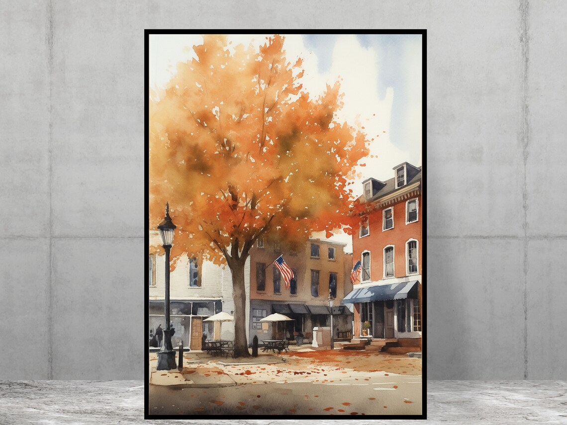 Town With Flags Autumn Scene, Poster Print
