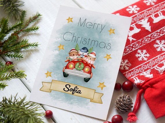 Merry Christmas Personalized Poster Cute Bears Red Car Card Child Gift Design