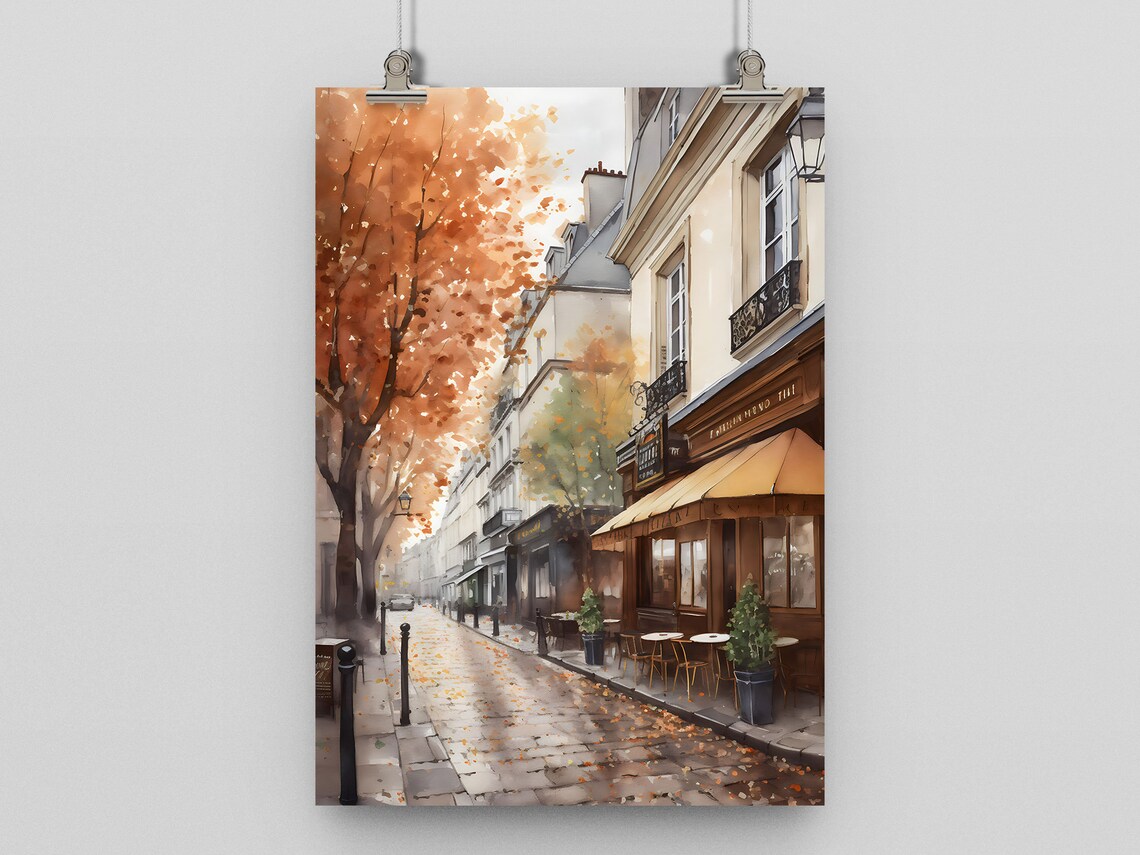 Coffee Shop Autumn Scene Watercolor Illustration Art Print