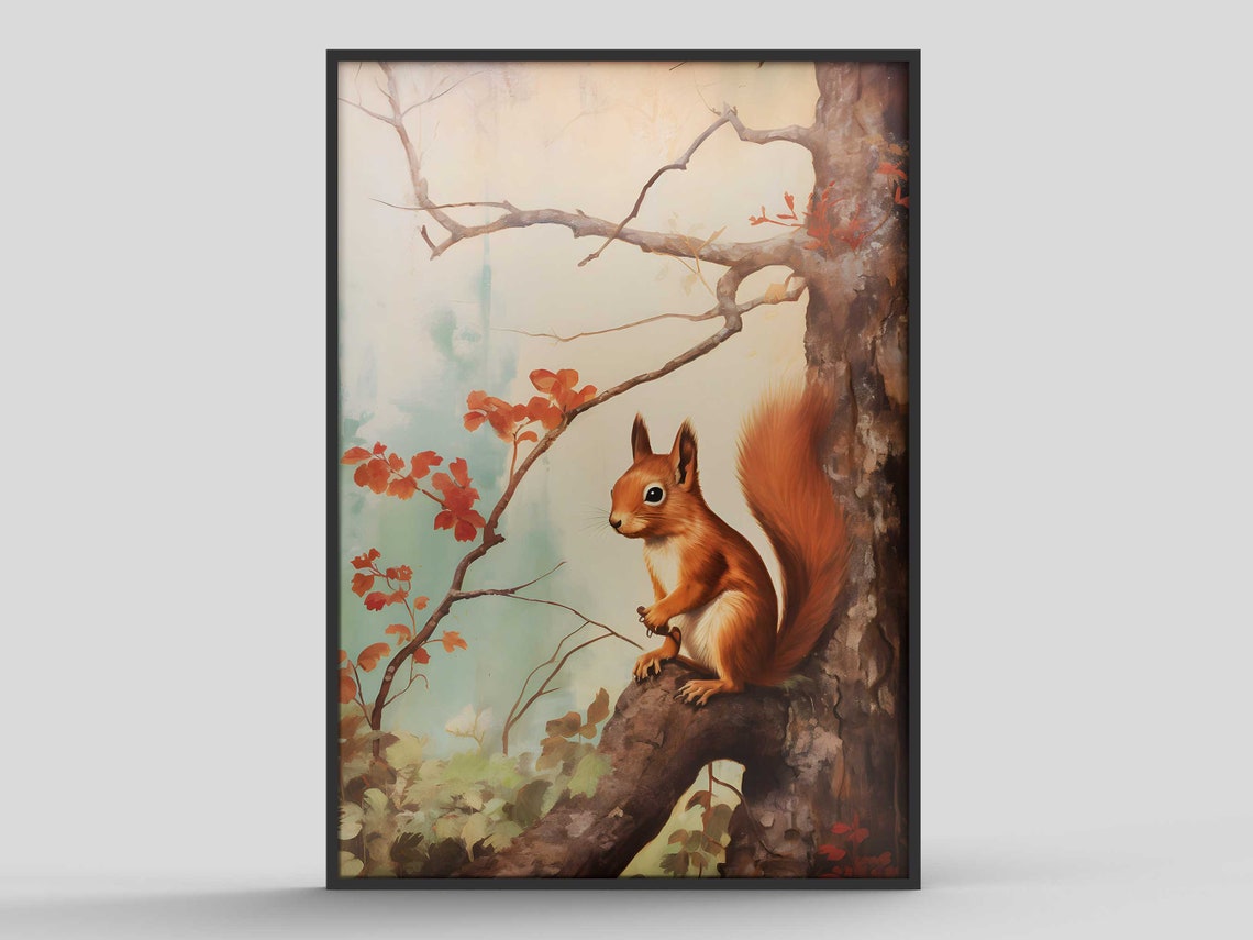 Squirrel Print Poster Home Decor Wildlife Mid Century Inspired Animal British