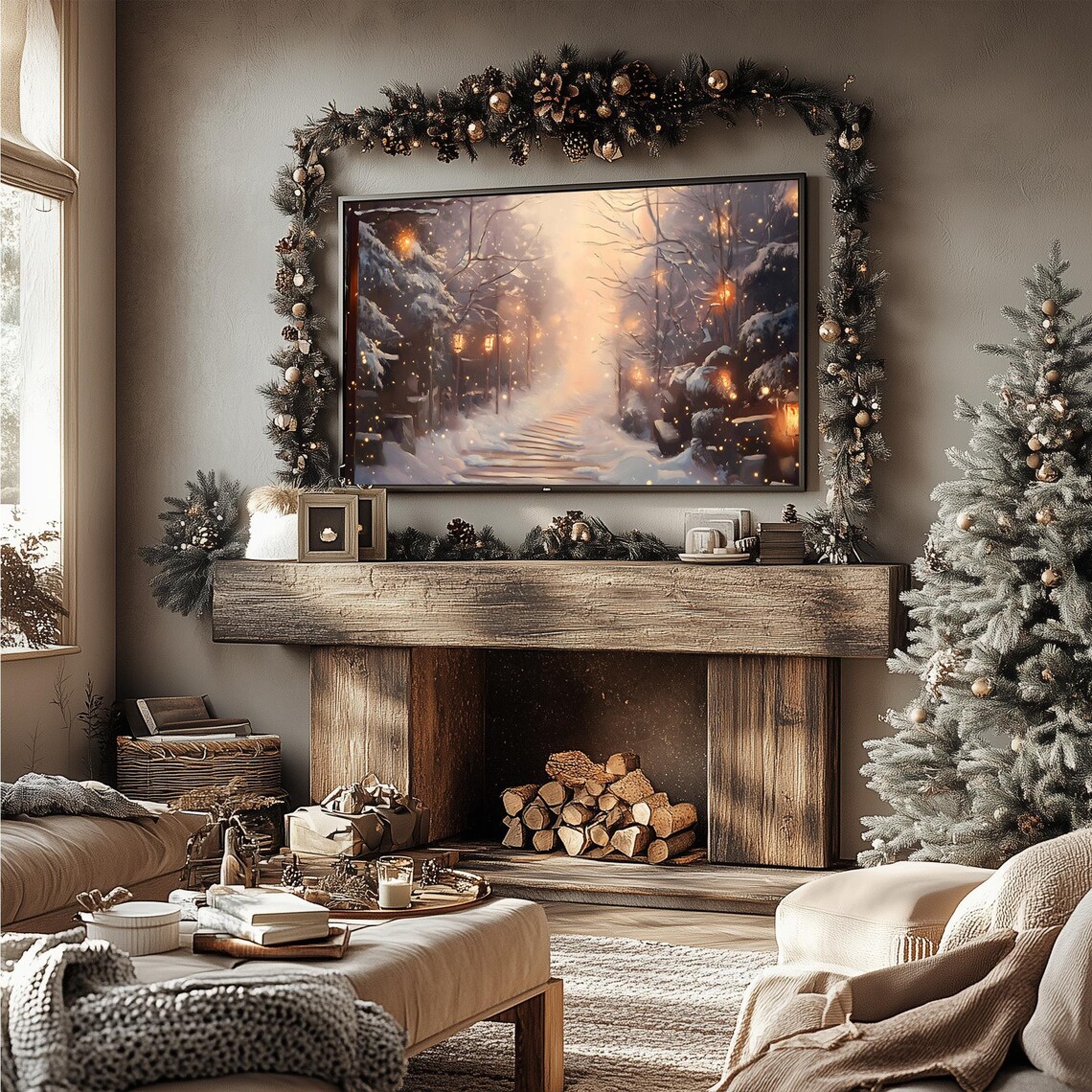 Winter Lantern Pathway Glowing Snowy Forest Night Lights Frame TV Poster - Image 4