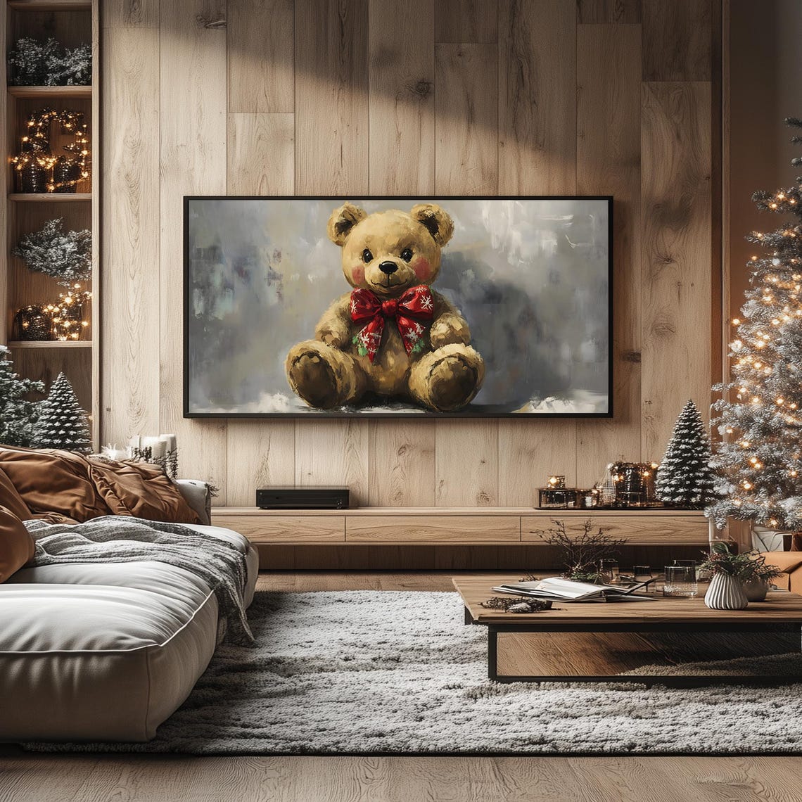 Festive Teddy Bear With Red Bow Snowy Winter Portrait Frame TV Poster - Image 4