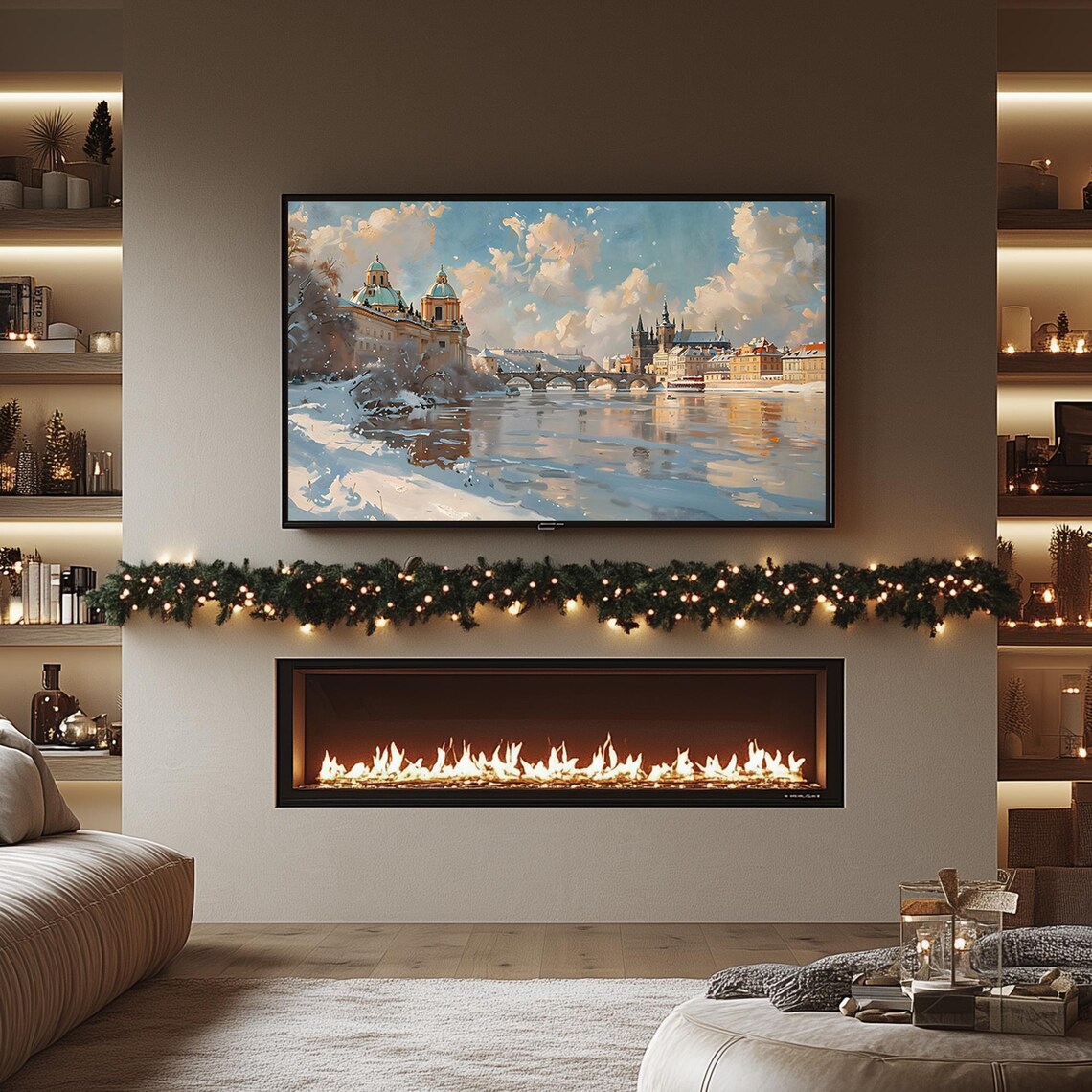 Winter Glow Over Pragues Charles Bridge Snowy Vltava River Frame TV Poster - Image 4