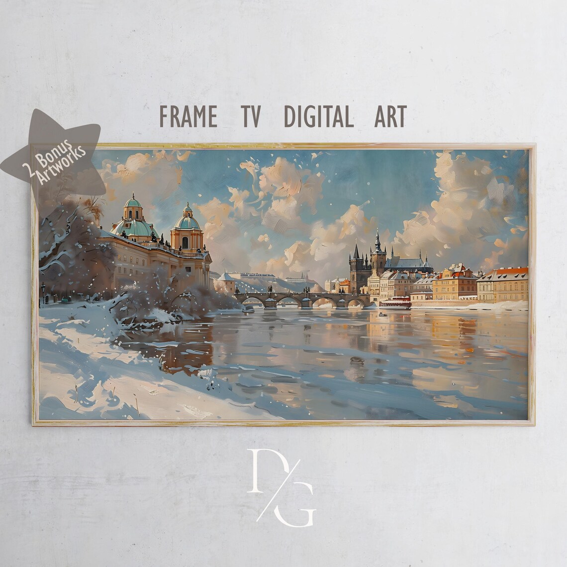 Winter Glow Over Pragues Charles Bridge Snowy Vltava River Frame TV Poster - Image 5