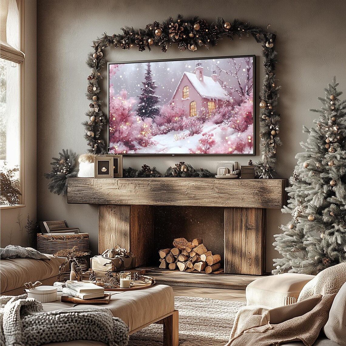Enchanted Winter Cottage Pink Blossom Trees Snowy Night Frame TV Poster - Image 4