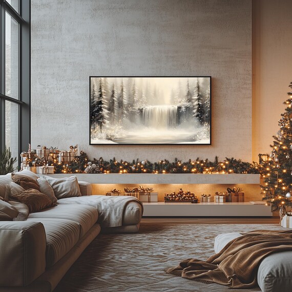Whispering Winter Cascade Snowy Waterfall Misty Forest Falls Frame TV Poster
