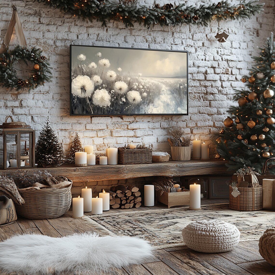 White Wildflowers Winter Field Misty Botanical Painting Frame TV Poster - Image 2