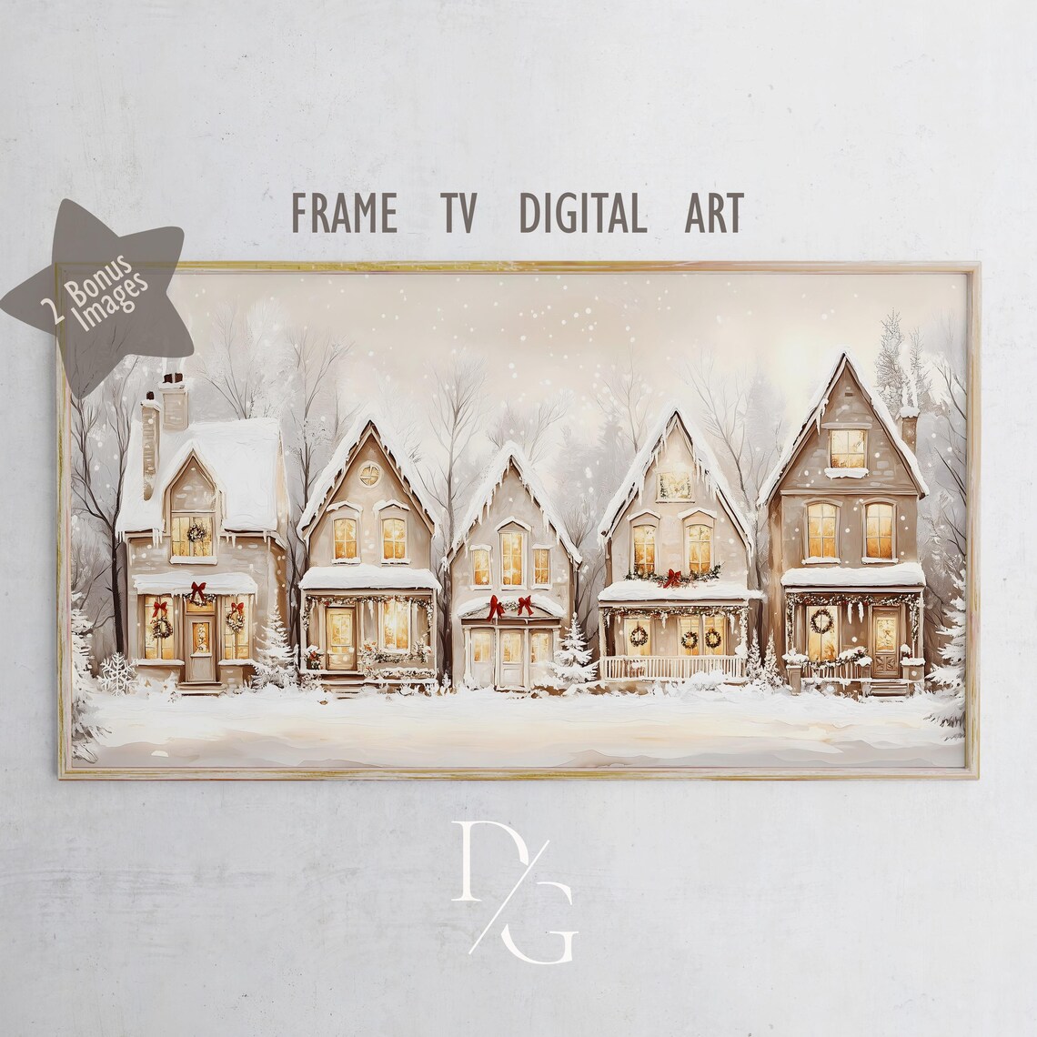Holiday Hearth Row Snowy Christmas Cottages Glowing Windows Frame TV Poster - Image 5