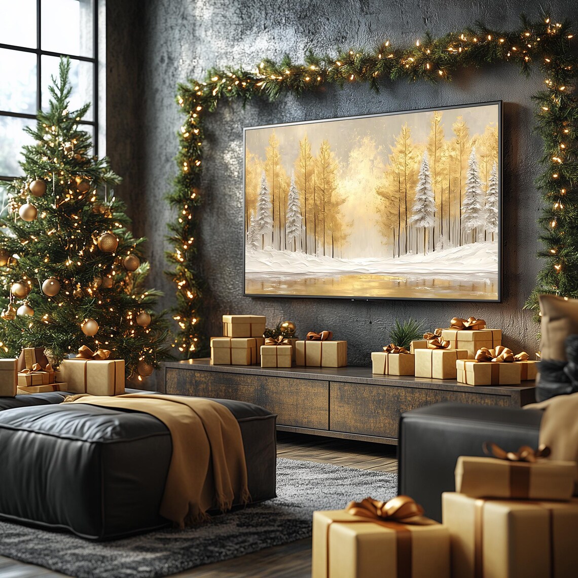 Golden Winter Forest Snowy Birch Trees Warm Light Woodland Frame TV Poster - Image 3