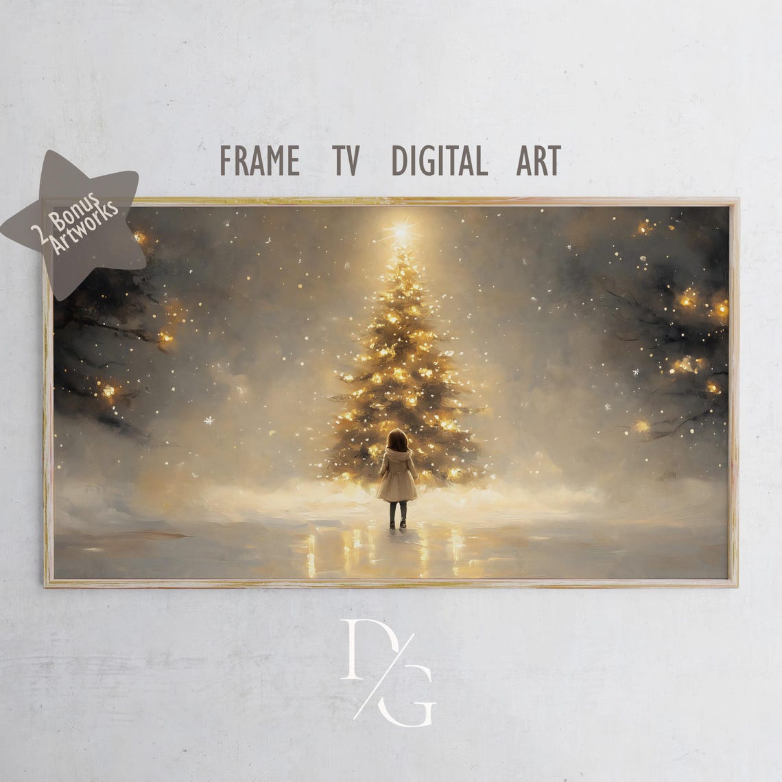 Glowing Christmas Tree with Little Girl in Snow Frame TV Poster