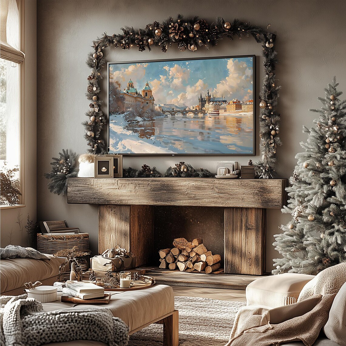 Winter Glow Over Pragues Charles Bridge Snowy Vltava River Frame TV Poster - Image 2