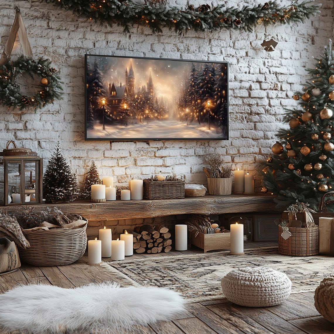 Snowy Castle Village with Glowing Lanterns Winter Frame TV Poster - Image 5