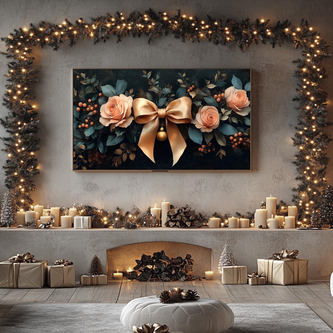Gold Bow and Roses Christmas Garland Dark Elegant Holiday Poster - Image 5