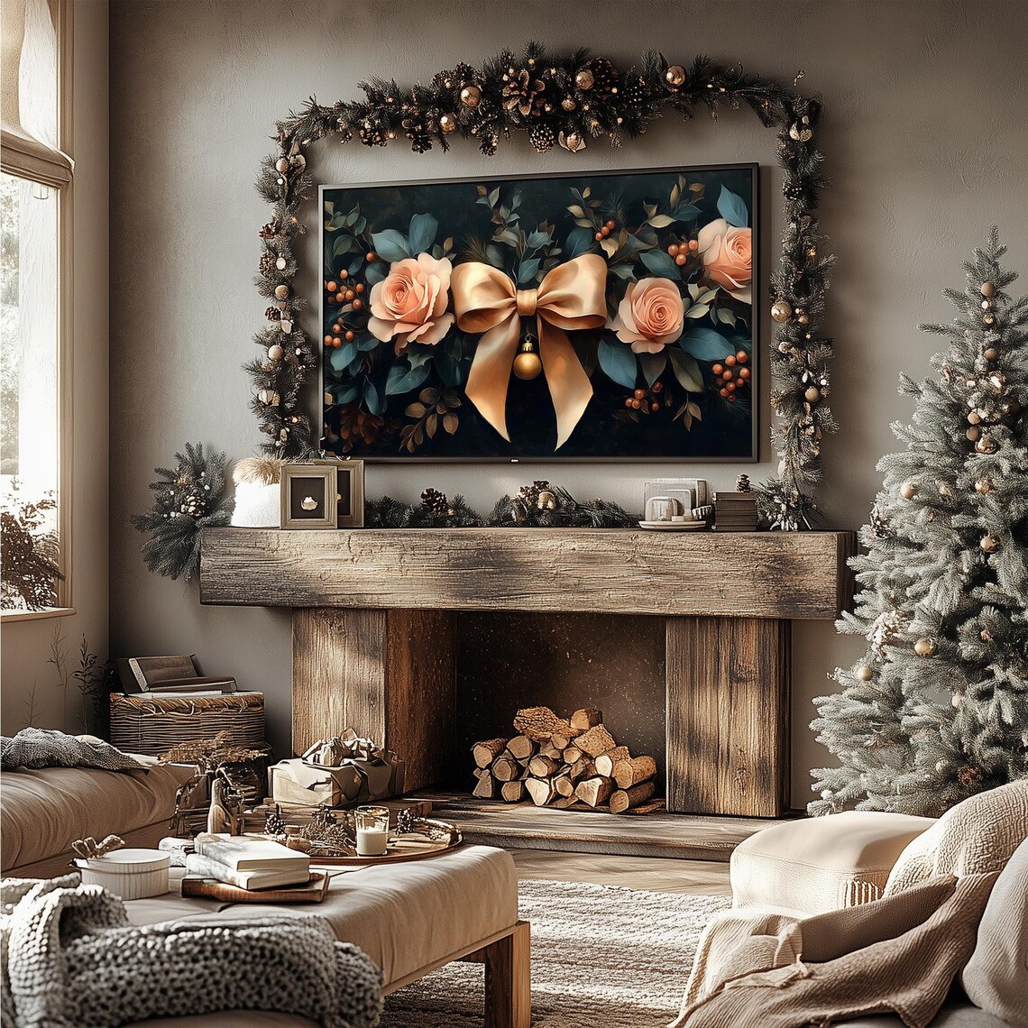 Gold Bow and Roses Christmas Garland Dark Elegant Holiday Poster - Image 4