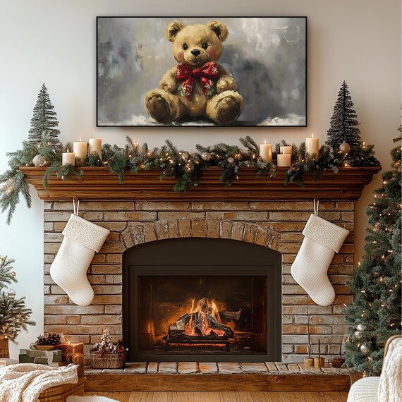 Festive Teddy Bear With Red Bow Snowy Winter Portrait Frame TV Poster