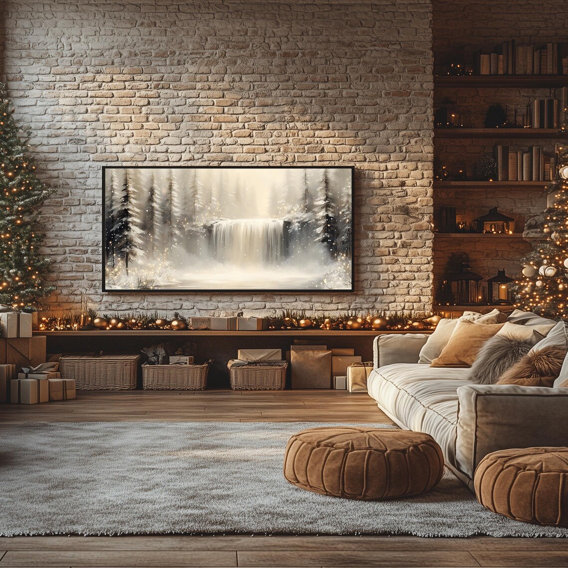 Whispering Winter Cascade Snowy Waterfall Misty Forest Falls Frame TV Poster - Image 3