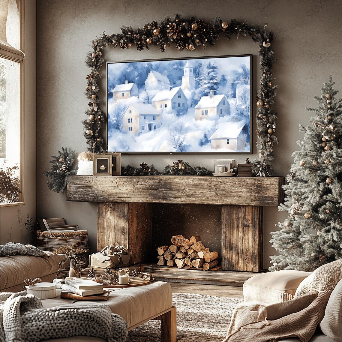 Snowy Blue Village with Church Winter Watercolor Holiday Poster - Image 5